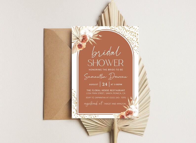 May include: A bridal shower invitation with a terracotta arch design, featuring floral accents and gold confetti. The invitation includes the text "bridal shower" and details for Samantha Donovan's shower on August 24th at 3:00 PM.