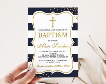 Baptism Invitation boy, Boy Baptism, Blue, Gold, Navy Blue, Christening Invitations, First Communion, Baby Boy, Digital, Printable