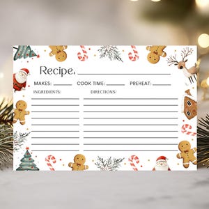 Christmas Recipe Card Template, Holiday Recipe Card Printable, 4x6" Editable, Instant Download
