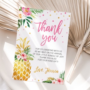Tropical Baby Shower Thank you card Hawaiian Luau Baby Shower Aloha Birthday Thank you note Pink Gold Pineapple Tropical Summer Party Decor