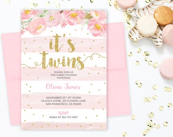 Тwins baby shower invitation, Girl Pink and Gold Baby Shower Invitation Floral Baby Girl Shower Invitation Printable, Тwin girls invitation