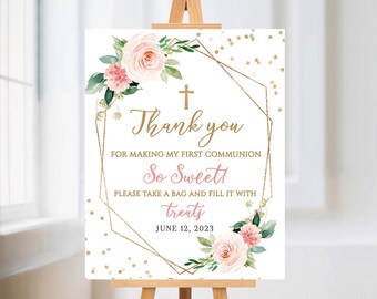 Girl Communion Favors Sign, First Communion Sign, Sweet Treats Sign, Printable Decor, Girl Christening, Editable Template, Digital Download