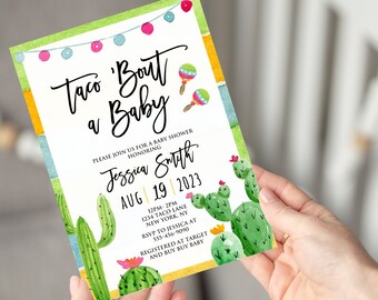 May include: A baby shower invitation with a green, yellow, and blue striped background. The invitation features a cactus illustration and the text "Taco 'Bout a Baby" in black script. The invitation also includes the date and time of the shower, the name of the person being honored, and the address of the event.