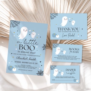 Editable Halloween Baby Shower Invitation Set, A Little Boo is Almost Due Baby Shower Invitation Bundle, Blue Ghost Printable Template
