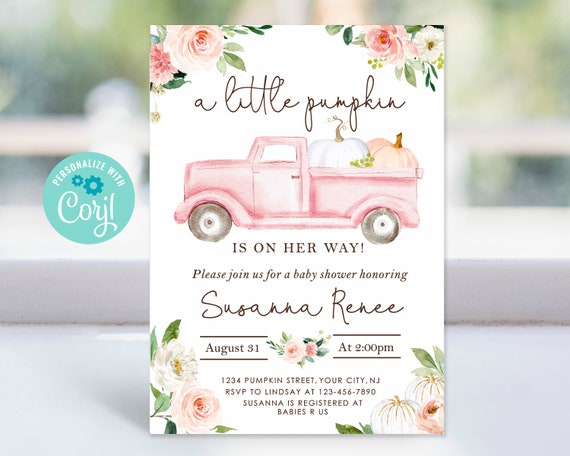 Editable Pumpkin Baby Shower Invitation, Fall Baby Shower Invitation, A little pumpkin is on the way Invitation, Pink Truck instant download