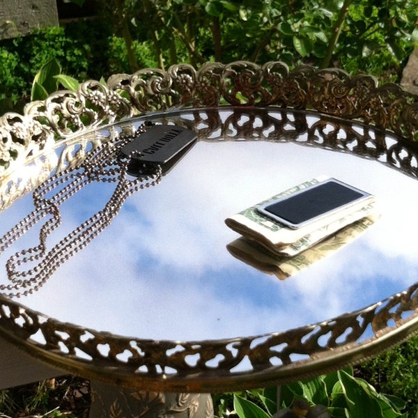 FREE GIFT! Mirrored tray/ 1960's vanity tray/ retro vanity mirror/ round mirrored tray/ country cottage/french country