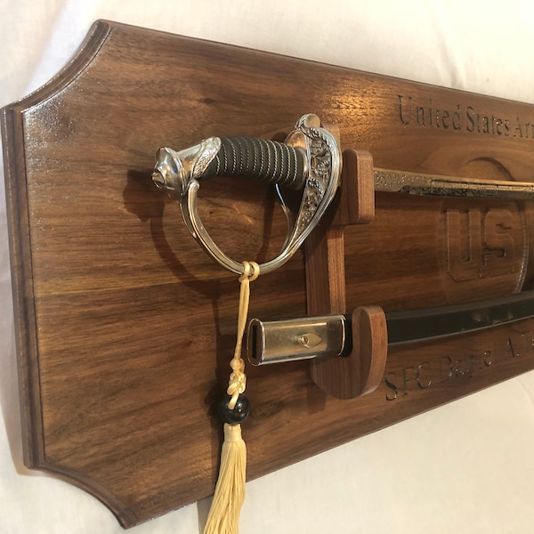 Hardwood U.S. Army Sword Display, Personalized Military Saber Mount