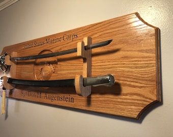 Engraved Oak Military Sword Display, Marine Corps NCO Saber Rack