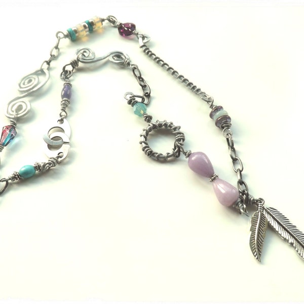 feather pendant necklace,turquoise lilac grey silver necklace,wire wrapped necklace,boho necklace,long necklace,semi precious stones,UK shop