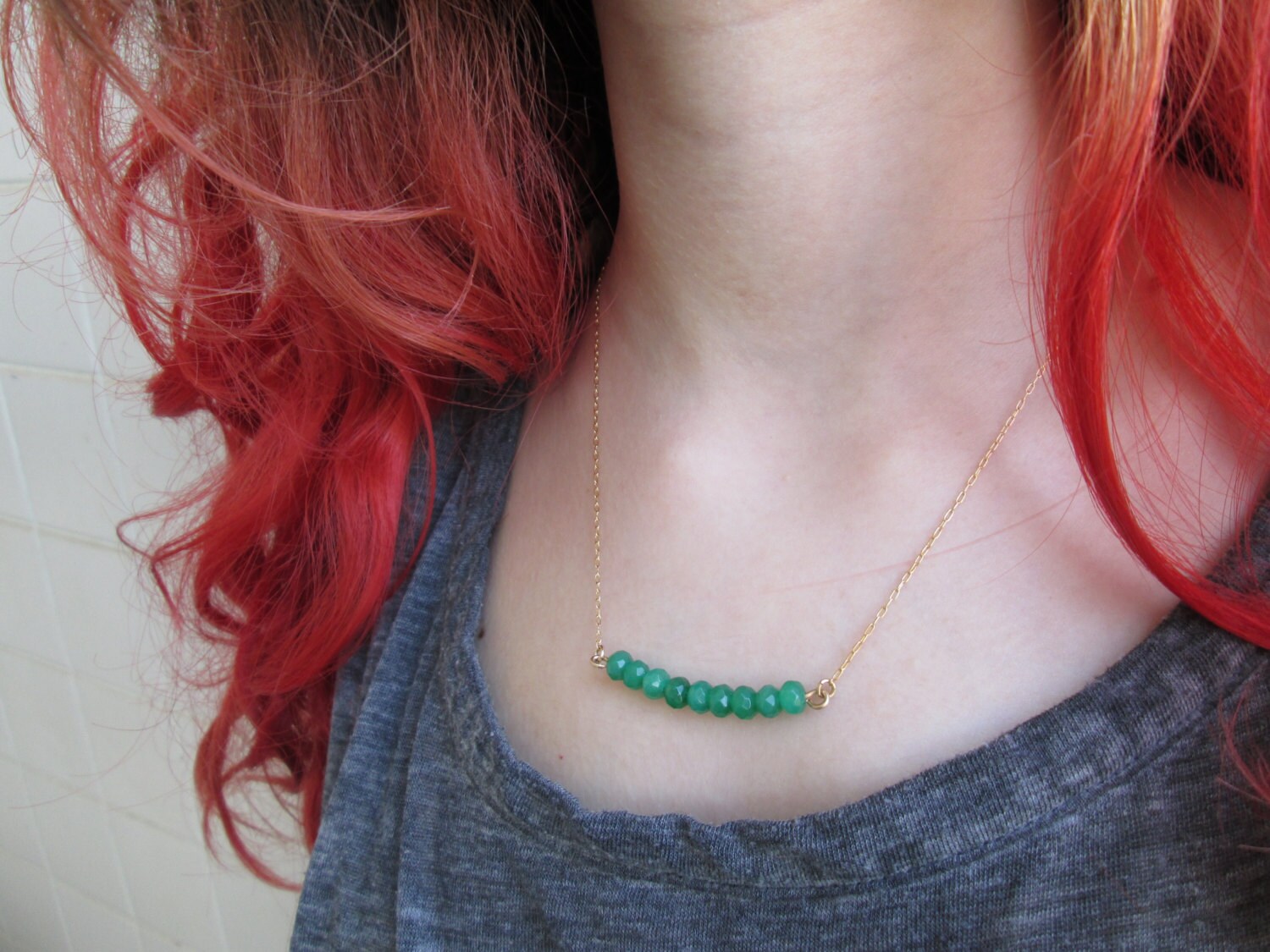 Green Jade Necklace Gold Filled Necklace Bar Necklace Etsy