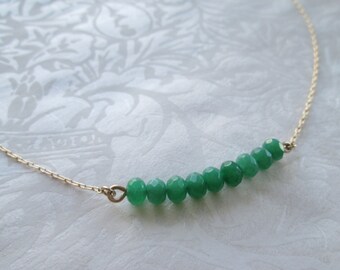 Green jade necklace , gold filled necklace , bar necklace , horizontal bar , emerald color necklace ,gift for her