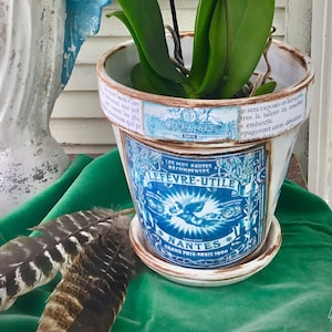 GRAND PRIX Paris, french flower pot, decoupage clay pot, wheat graphic, french blue decor, antique french print, farmhouse plant garden pot