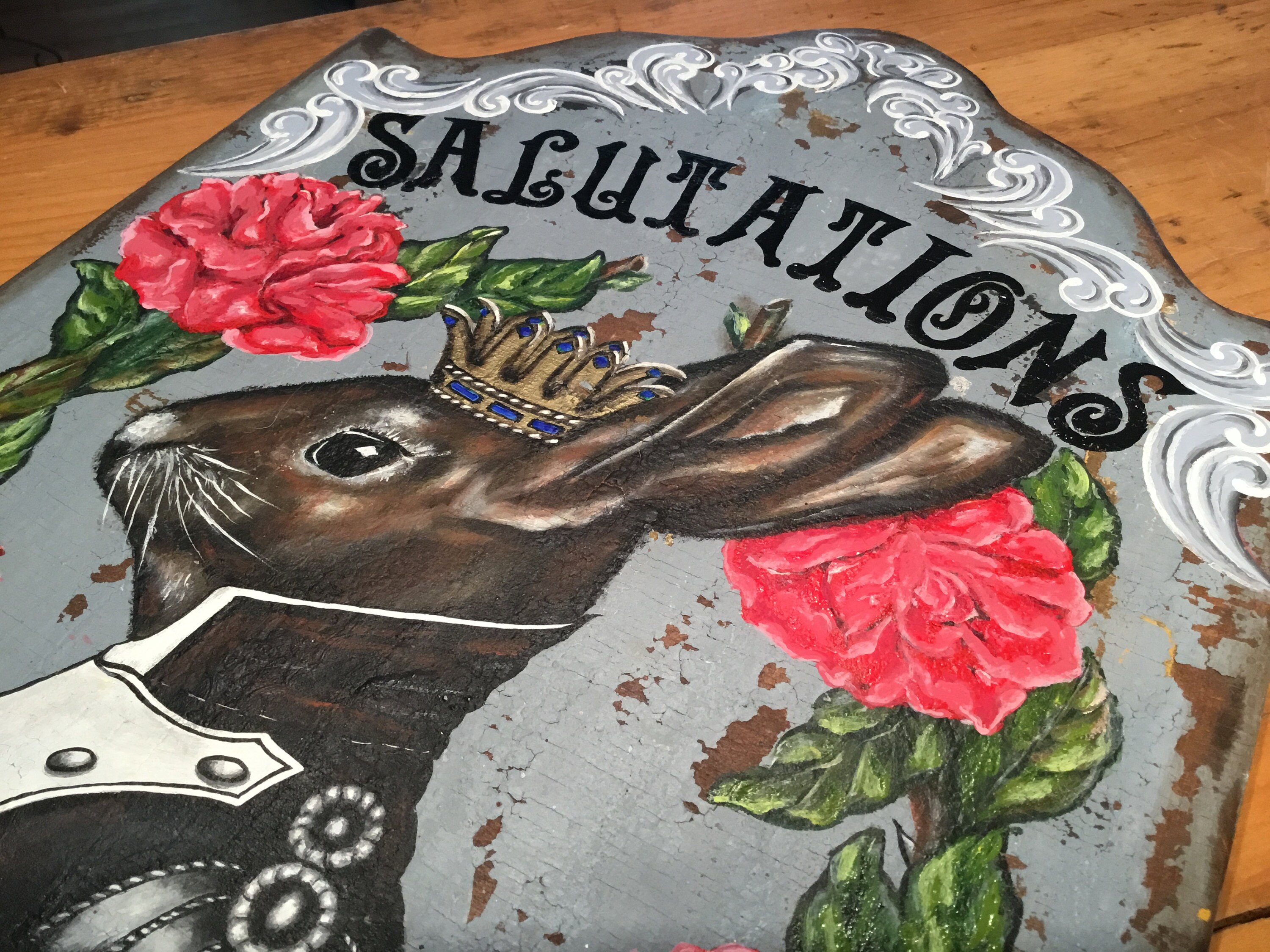 French Rabbit Welcome Wood Sign Salutations De Maison Red Rose Painting ...