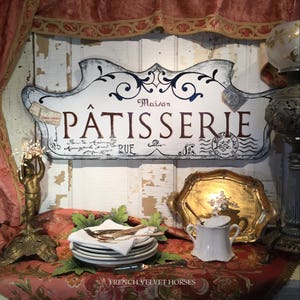 FRENCH SCRIPT PATISSERIE Sign pastry wood sign, confiseries wood sign, pastries confections sign, Carte Postale, French postage stamp, white