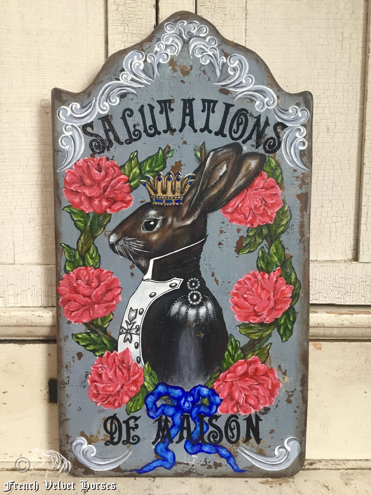 French Rabbit Welcome Wood Sign Salutations De Maison Red Rose Painting ...