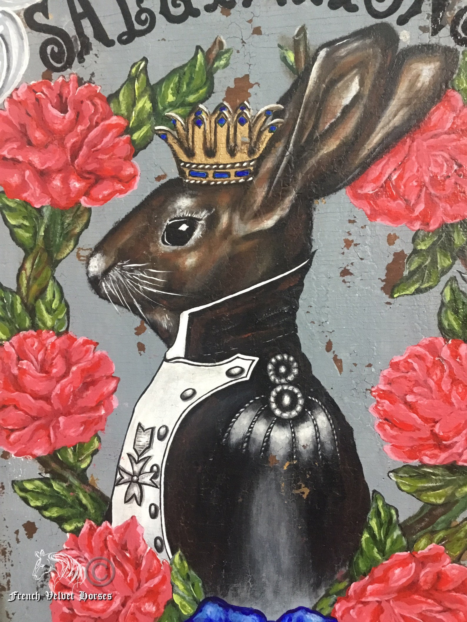 French Rabbit Welcome Wood Sign Salutations De Maison Red Rose Painting ...