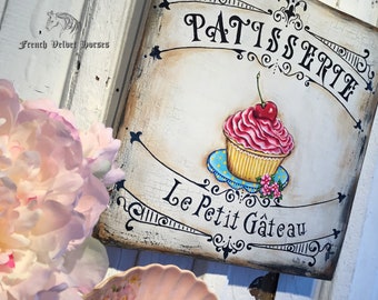 Handpainted Patisserie Cupcake Sign: French Farmhouse Kitchen Decor (14x14)