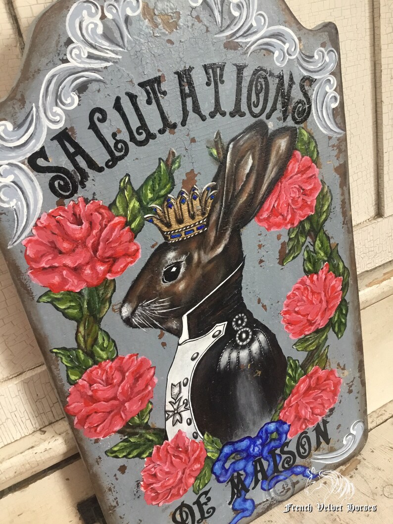 French Rabbit Wood Sign: Hand-painted Royal Bunny With Roses - Etsy