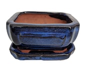 Small Ceramic Bonsai Pot plus Saucer -CobaltFancyRect-4 quot x 3 3 8 quot x 2 quot - 14680