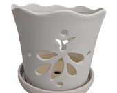 Matte White Butterfly Ceramic Orchid Pot with Attached Saucer - 8 quot x 8 quot