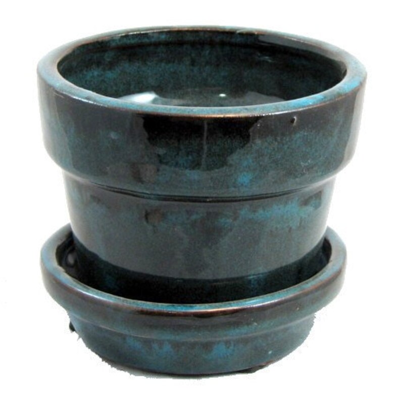 Glazed Ceramic Pot/Saucer Tropical Blue 4 3/8 x Etsy