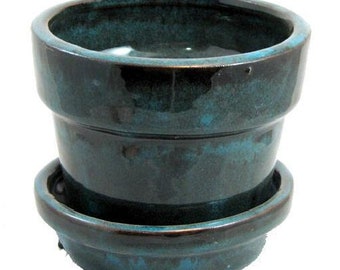Glazed Ceramic Pot/Saucer - Tropical Blue - 4 3/8" x 4" - #11931