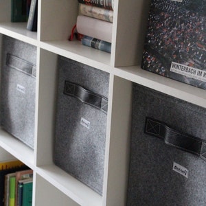 Light grey felt boxes with black leather handle Felt storage basket for shelves - or Custom-made felt storage boxes