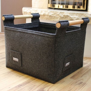 Large Log Carrier Basket With Wooden Handles L dark grey felt image 1