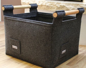 Large Log Carrier Basket With Wooden Handles L dark grey felt