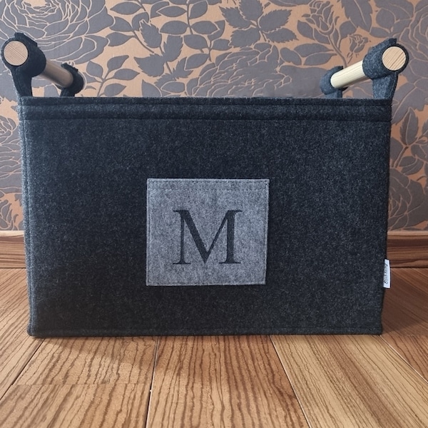 Personalised Log carrier,  Monogrammed felt firewood basket with wooden handle,