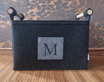 Personalised Log carrier,  Monogrammed felt firewood basket with wooden handle,