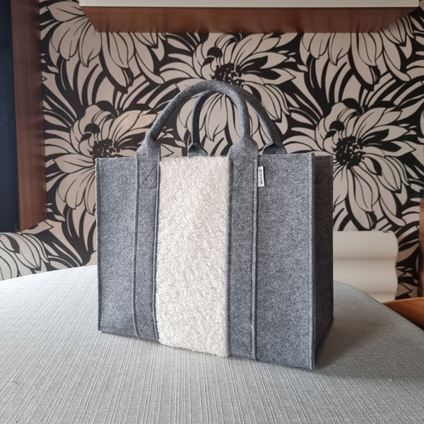 Felt Shopping Bag,  grey beige Handbag, Grey Felt shoulder bag, Storage Tote Utility Bag