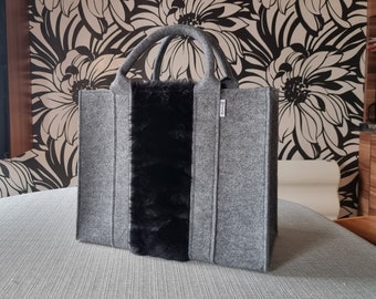 Felt Shopping Bag,  grey black Handbag, Grey Felt shoulder bag, Storage Tote Utility Bag