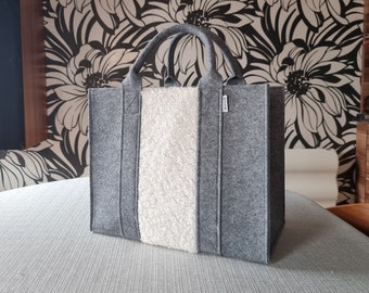 Felt Shopping Bag,  grey beige Handbag, Grey Felt shoulder bag, Storage Tote Utility Bag