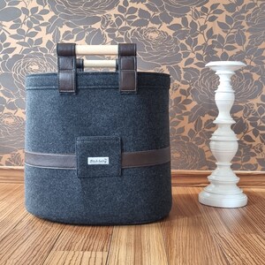 Oval Felt Basket with Wooden Side Handles, log basket with exclusive elk leather / moose leather