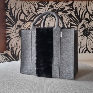 Felt Shopping Bag, grey black Handbag, Grey Felt shoulder bag, Storage Tote Utility Bag image 4