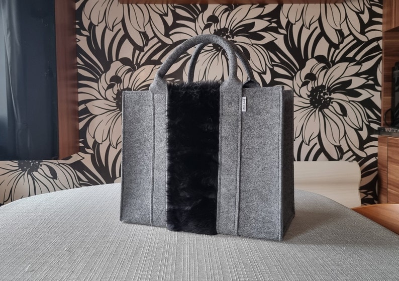 Felt Shopping Bag, grey black Handbag, Grey Felt shoulder bag, Storage Tote Utility Bag image 4