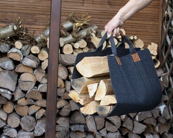 Kaminholztrage aus Filz mit Ledergriff dunkelgrau, Tragetasche für Holzscheite Holztasche Brennholztasche