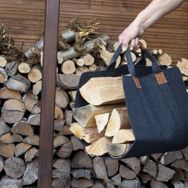 Porte-bûches en feutre avec poignée en cuir gris foncé, sac de transport pour bûches, sac en bois, sac à bois de chauffage