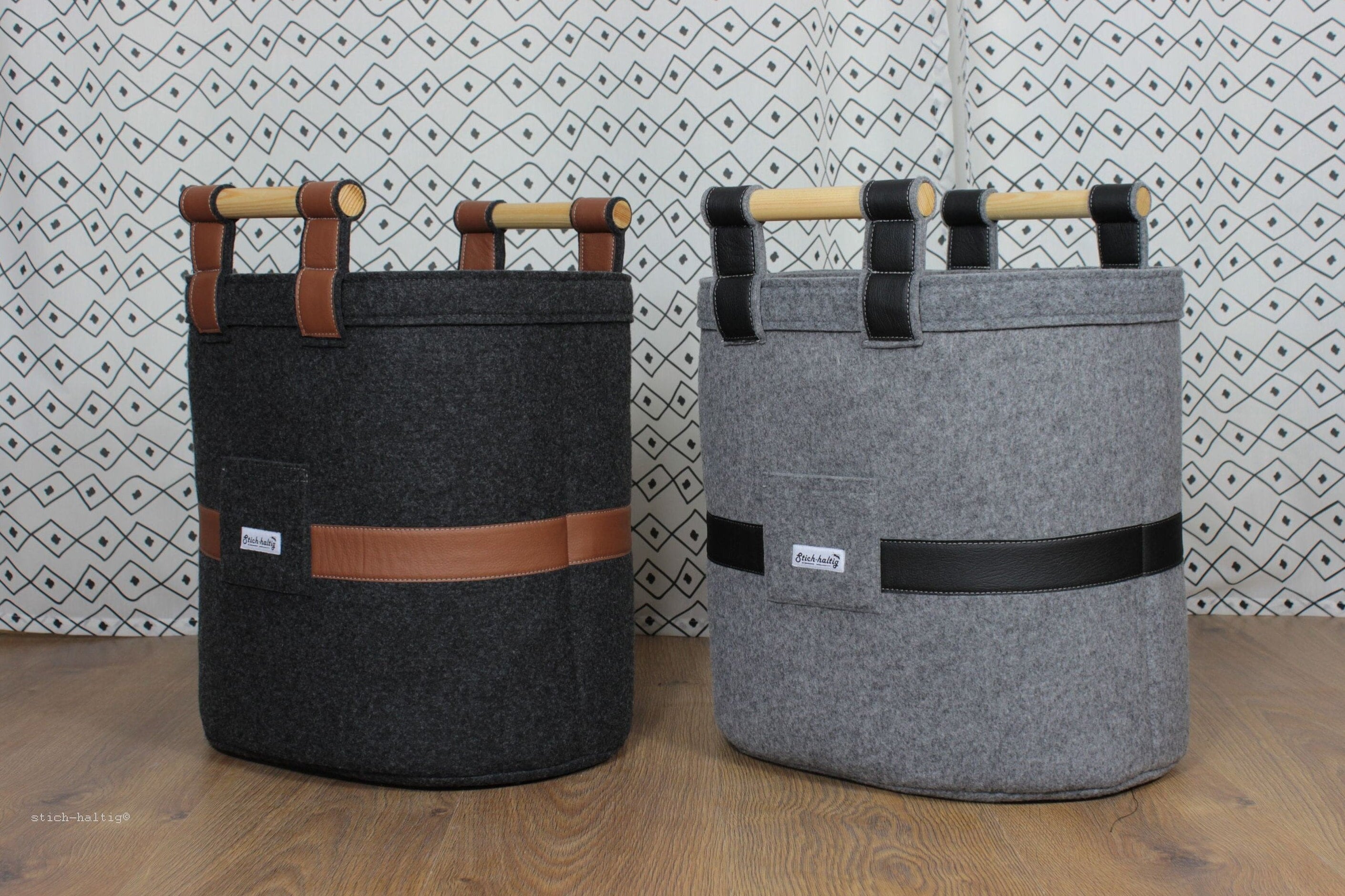 Oval Felt Basket with Wooden Side Handles, log basket