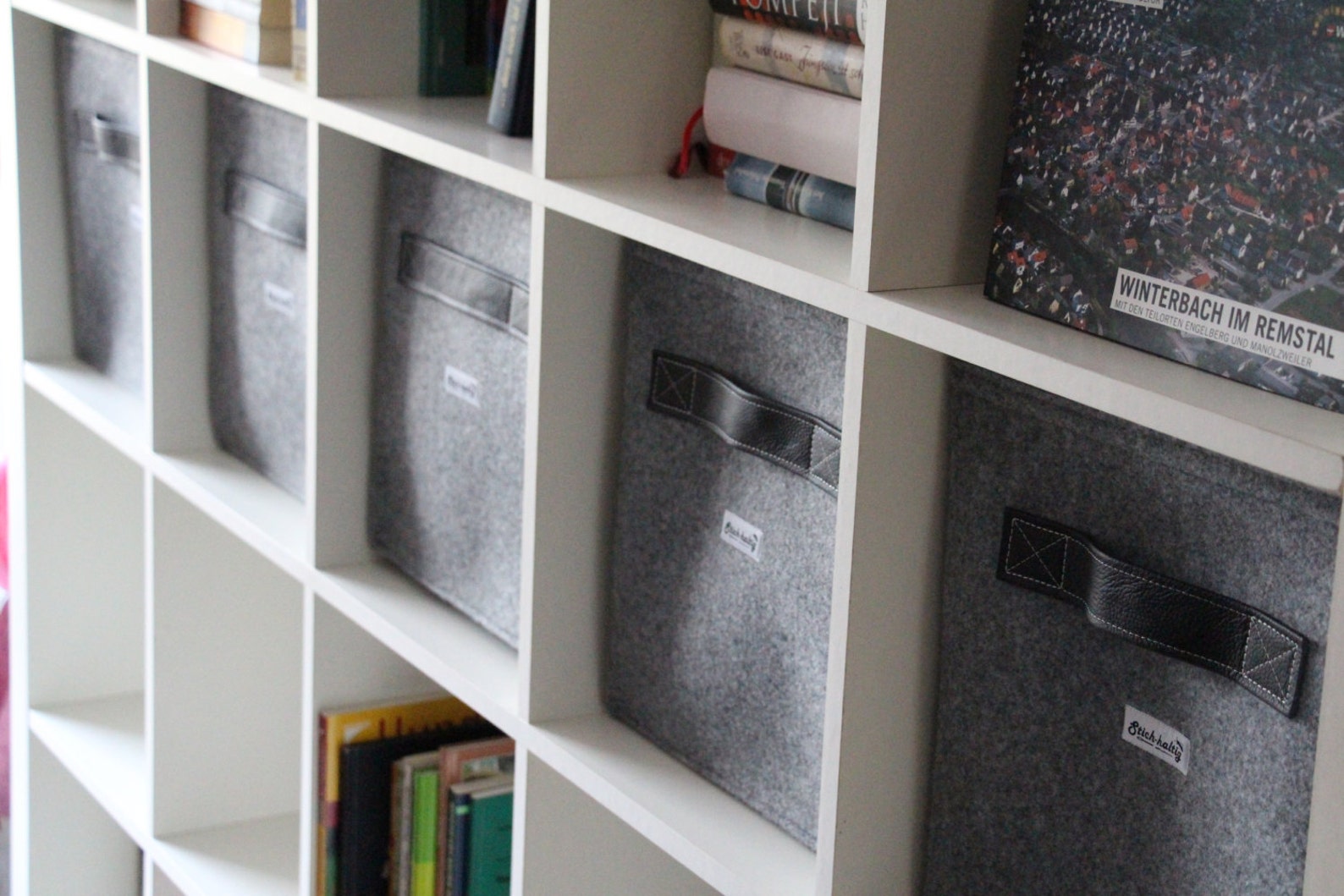 Light Grey Felt Boxes With Black Leather Handle Felt Storage Basket for ...