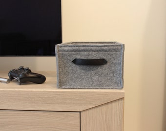 Sturdy DVD storage box, DVD felt box with two black leather handles, media shelf storage and organization