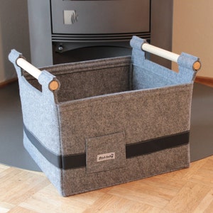 Felt Basket Storage Box with Leather and wooden handle Firewood Log Carrier log basket