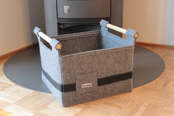 Felt Basket Storage Box With Leather and Wooden Handle Firewood