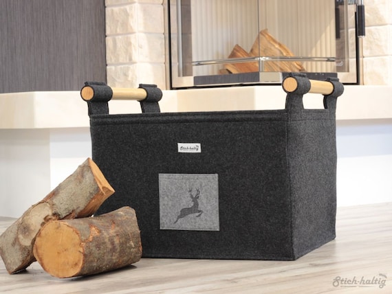 Felt log basket with deer design, felt basket for firewood, log carrier,  firewood carrier