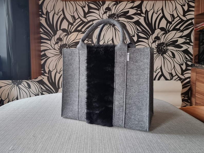 Felt Shopping Bag, grey black Handbag, Grey Felt shoulder bag, Storage Tote Utility Bag image 1