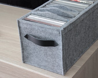 Panier à CD, rangement pour CD, boîte à CD, panier en feutre pour CD avec deux poignées en cuir pratiques