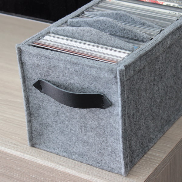 Cesta de CD, almacenamiento de CD, caja de CD, cesta de fieltro para CD con dos prácticas asas de cuero