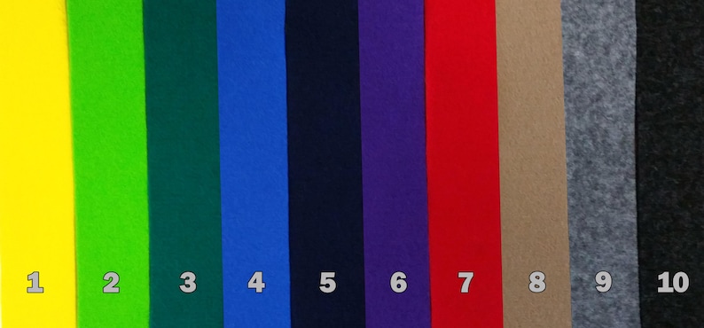May include: A collection of ten strips of felt in various colors, including yellow, green, blue, navy, purple, red, tan, gray, and black. Each strip is labeled with a number from 1 to 10.