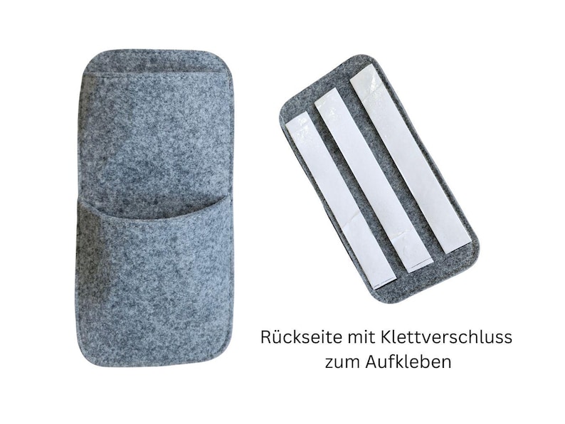 May include: A gray felt pocket organizer with a rounded top and a curved pocket. The back of the organizer has a rectangular felt piece with three adhesive strips for mounting. Text in German reads: "Back with Velcro to stick on."